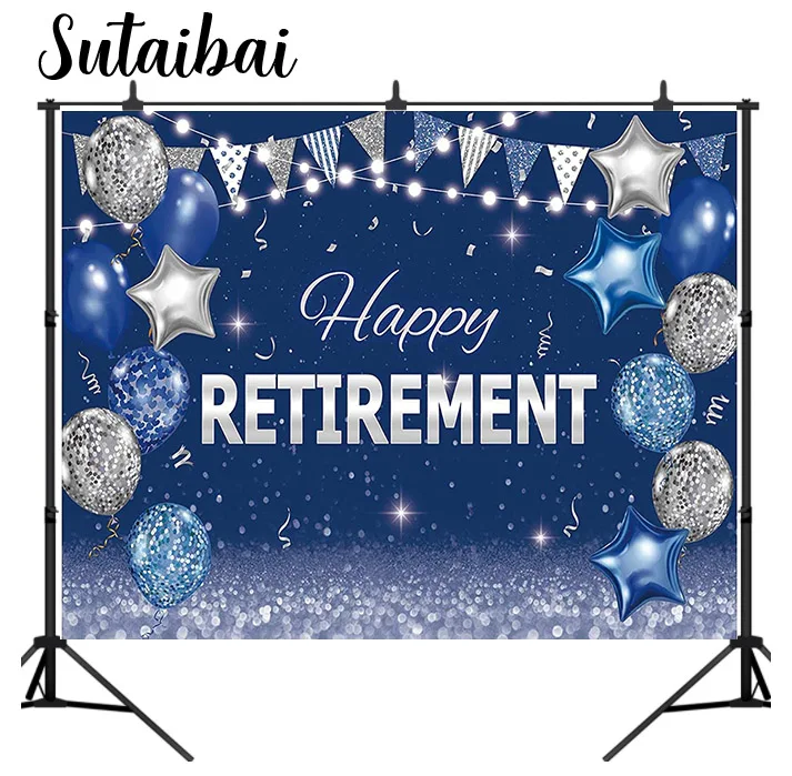 

Happy Retirement Party Backdrop Blue and Silver Congrats Retire Photography Background Glitter Balloons Cake Table Decorations