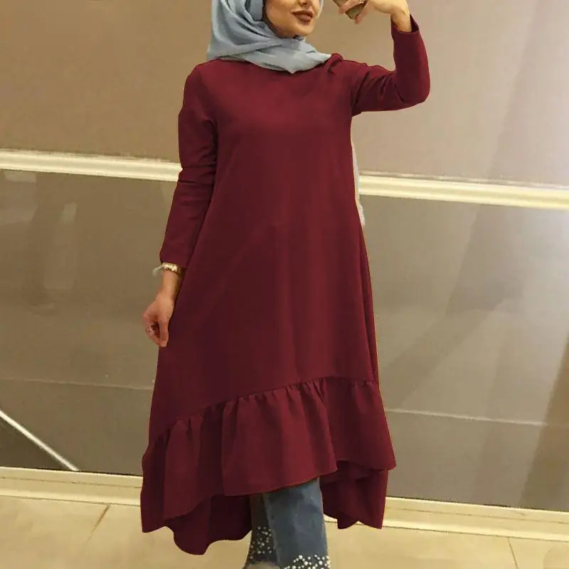 

Fashion Women Dress Solid Color Round Neck Loose Pullover Plus Size Long Sleeve Pleated Stitching Pocket Street Style Dress