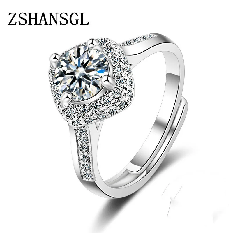 

simple female rings 925 Stamp Plata Round AAA Cubic Zirconia Promise Open Ring Rhodium White Micro CZ Halo Women Rings