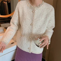 winter elegant retro pearl beading sweater coat women button up female formal knit cardigans lace o neck casual knitwear tops
