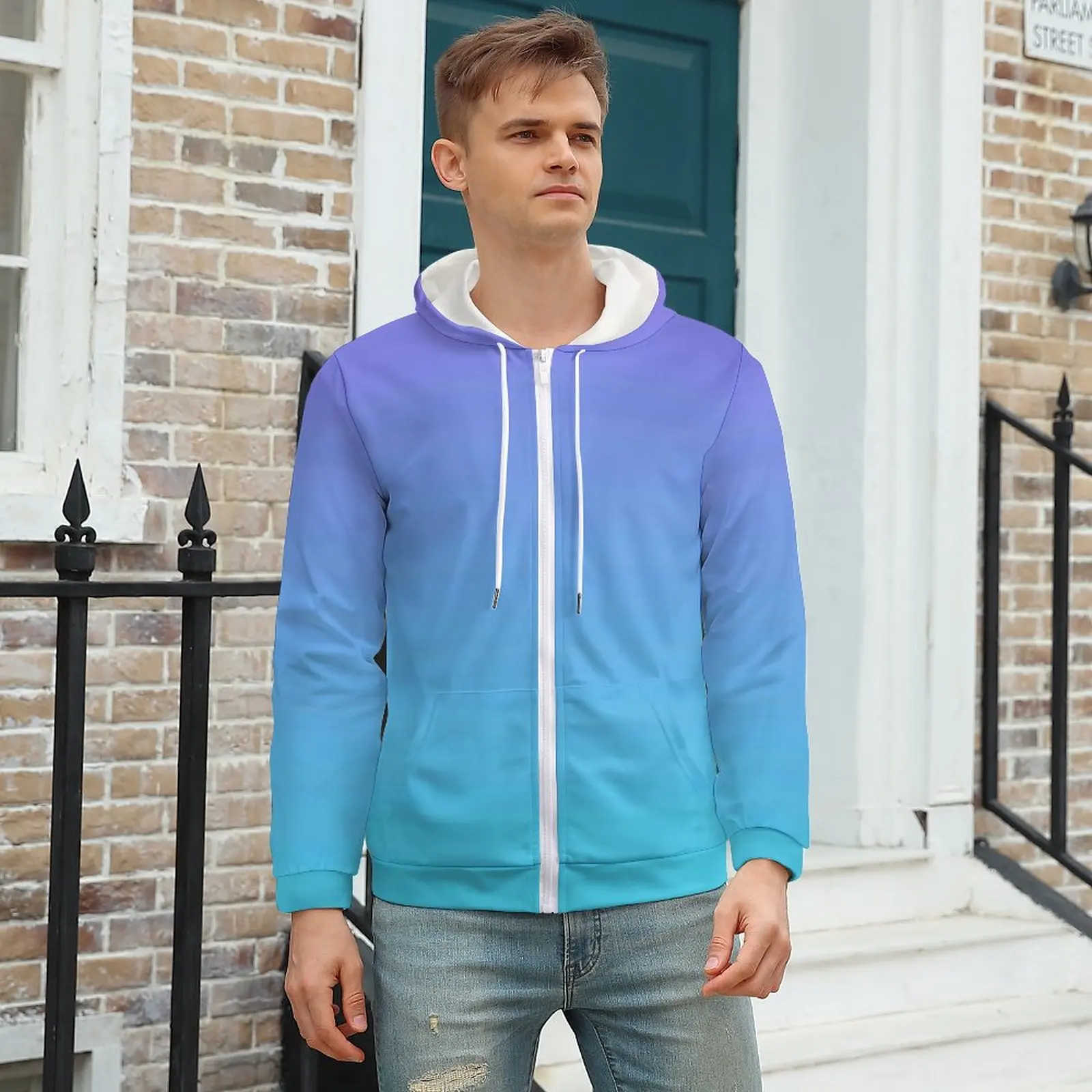 

Trendy Ombre Hoodies Purple and Teal Blue Autumn Polyester Hoodie Stylish Zip Up Hoodie Men Plus Size