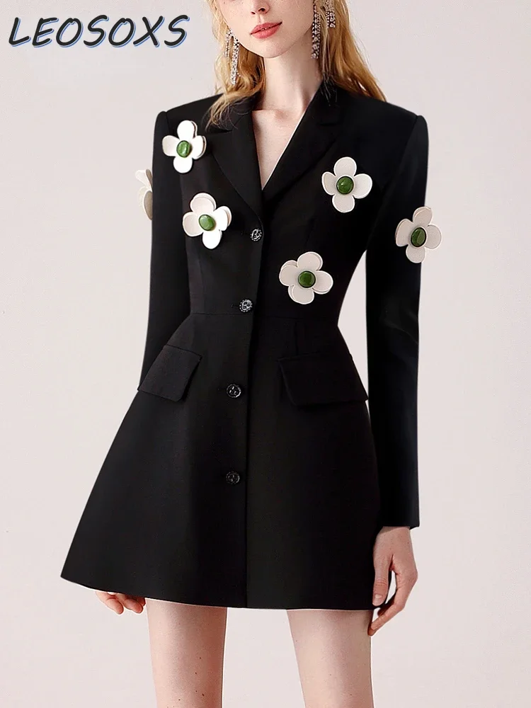 

Fall 2023 Three-Dimensional Flower Temperament Suit/blazer Dress Office Lady Commuter Professional Long Sleeve Black Dress Women