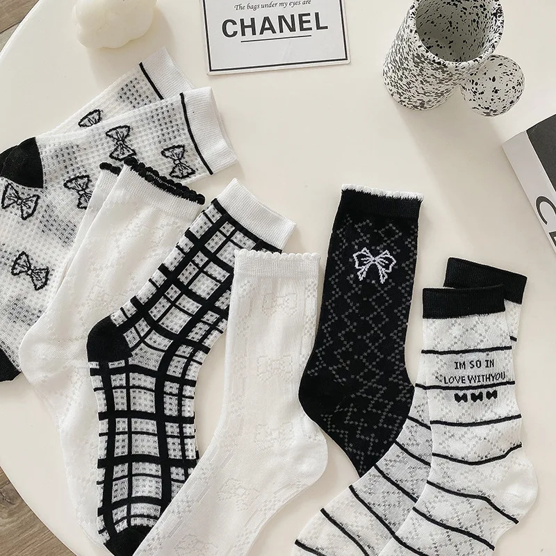

Black Bowknot Woman Sock Japanese JK for Women Socks Fashion Breathable Striped Sox Casual College Style Spring Summer Socken