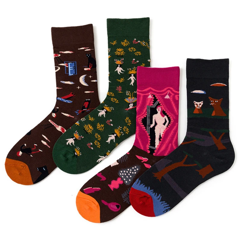 Graffiti Cartoon Women Cotton Western Hip-hop Long Men's Socks with Print Funny Colorful Cotton Sports Couple Unisex Sock Tartan