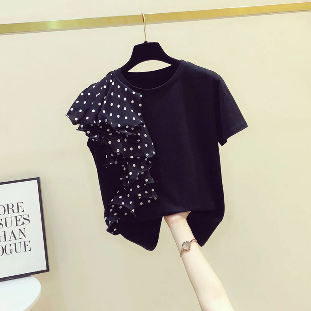 

Polka Dots Ruffles Tees Women Summer Fashion Black Casual T-Shirt Asymmetric Patchwork Straight Daily Tops Dating Street Beat