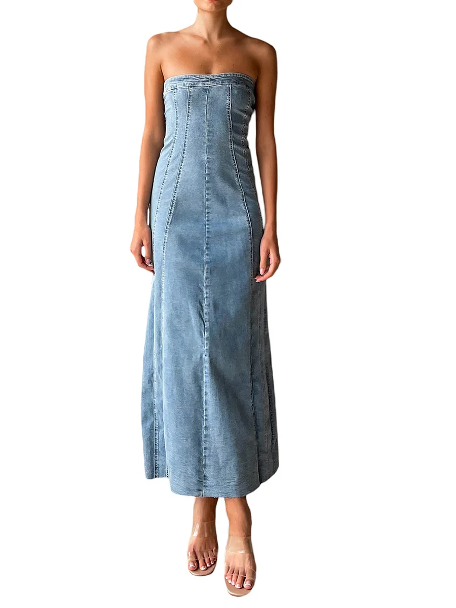 

Women Sexy Jeans Denim Strapless Long Dresses Backless Bodycon Corset Tube Denim Dress Zipped Summer Slit Midi Dress