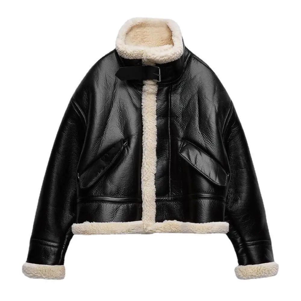 ZA Autumn And Winter New Women's Loose Thickened Fleece Faux Leather Jacket Coat