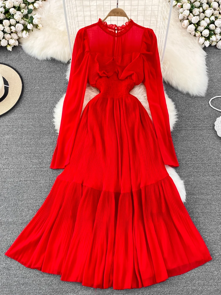 

Autumn Women Pleated Long Dress Vintage Ruffle Collar Draped High Waist A-Line Big Swing Party Maxi Vestidos Female New Fashion