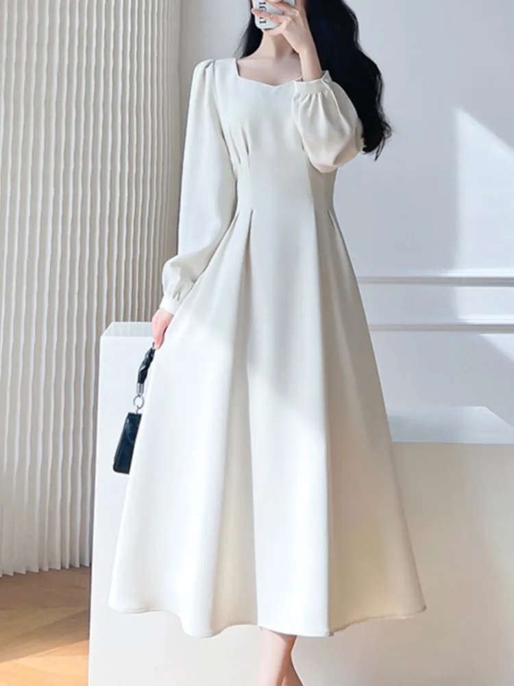 

Женское винтажное платье-трапеция, повседневное однотонное Белое Облегающее Платье с длинным рукавом, Корейская верхняя одежда, 2023