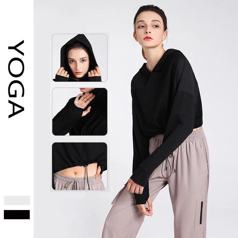 

Sleeve Yoga Loose Fitness Long Sweater Quick-Drying Hooded Running Sweatshirt