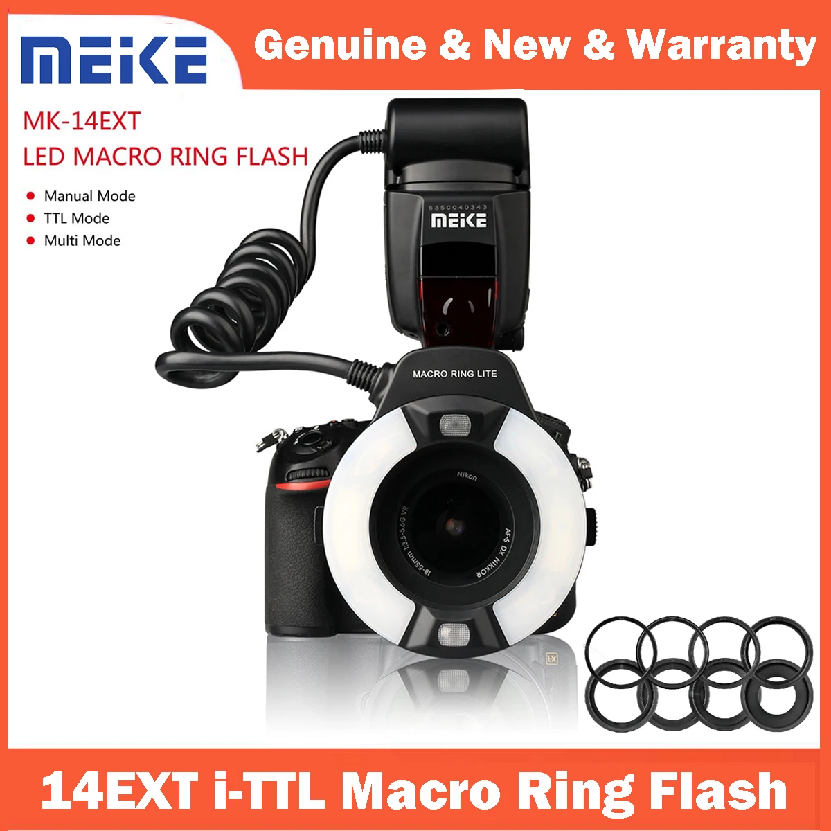 

Meike 14EXT i-TTL Macro Ring Flash for Nikon D7100 D5200 D5100 D5000 D3200 Canon EOS 5D II III 6D 60D with LED AF Assist Lamp