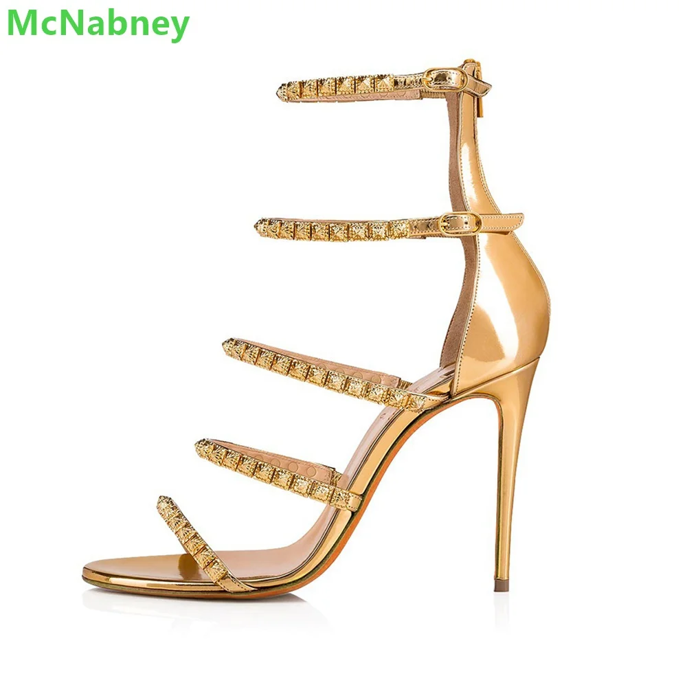 

Narrow Band Rivet Back Zipper Sandals 2022 New For Women Round Toe Solid Thin High Heel Hollow Sexy Fashon Summer Female Shoes