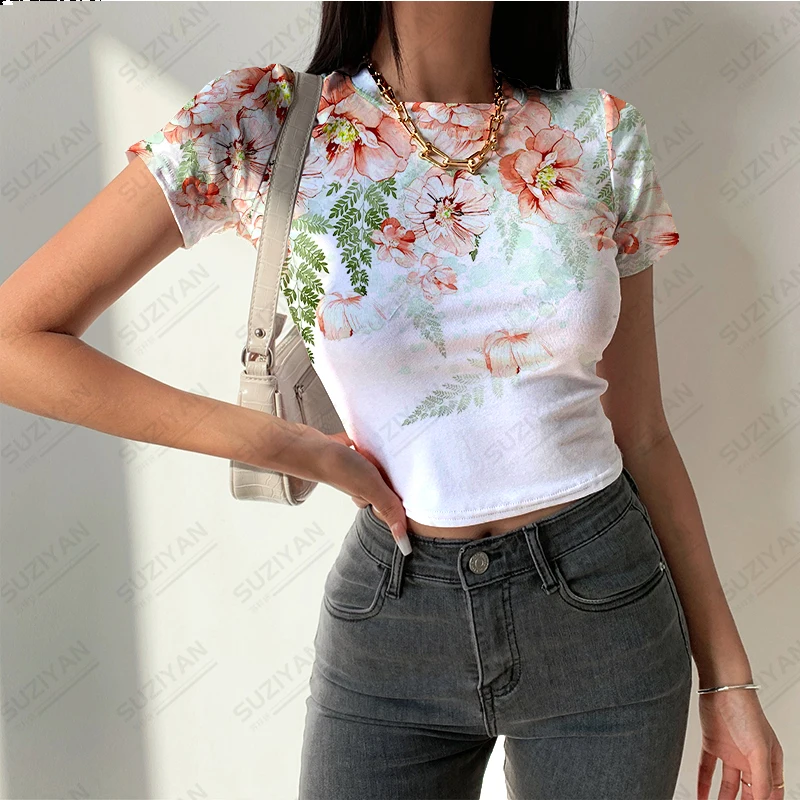 

2023 Women's Summer New Fashion Short Top 3D Printed Colorful Flower Short Sleeve T-shirt Women's Round Neck Pullover Sexy Top