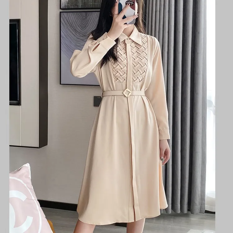 

2022 New Autumn Women Elegant Turn Down Collar Casual Shirt Dress Female Single Breast Belt Slim Office A-Line Dresses Vestidos