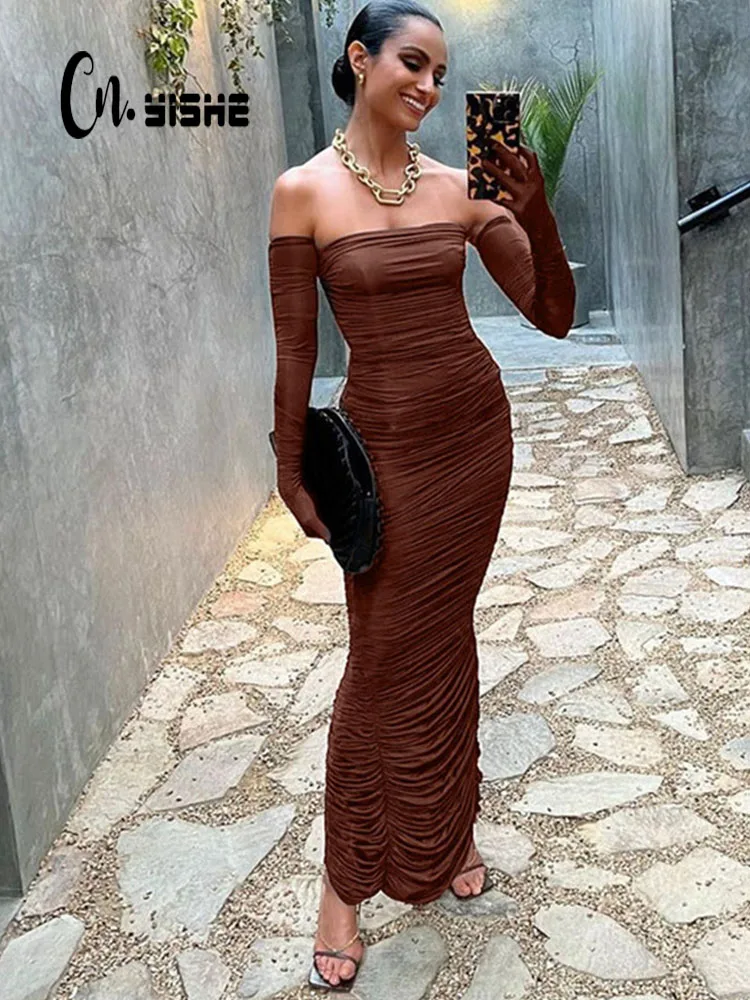 

CNYISHE 2022 Fall Elegant Vintage Strapless Dress with Gloves Sexy Bodycon Sheath Regular Long Dresses Women Party Outfits Robes