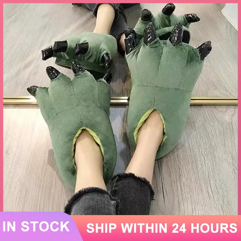 

Тапочки для ног с животными, мультяшными монстрами, зимние плюшевые тапочки с когтями динозавров, хлопковая ткань, теплая обувь, обувь для родителей и детей