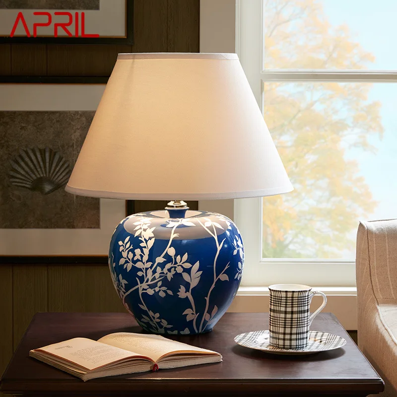 

APRIL Modern Blue Ceramic Table Lamp Creative Vintage LED Desk Light for Decorative Home Living Room Bedroom Bedside