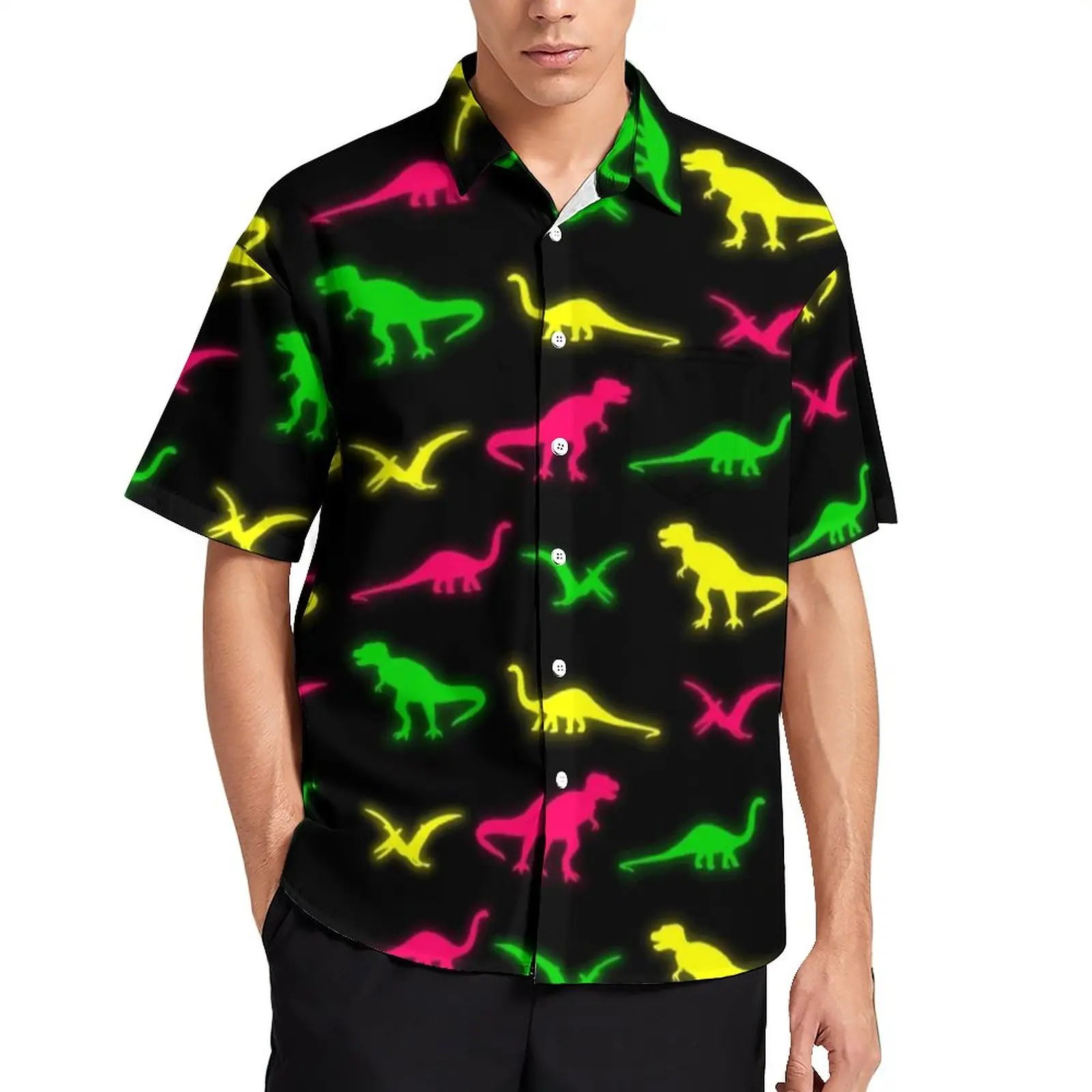 

Неоновые динозавры отпуск рубашка Pterodactyl красочные Dinos повседневные рубашки летние с коротким рукавом графические винтажные блузки оверсайз