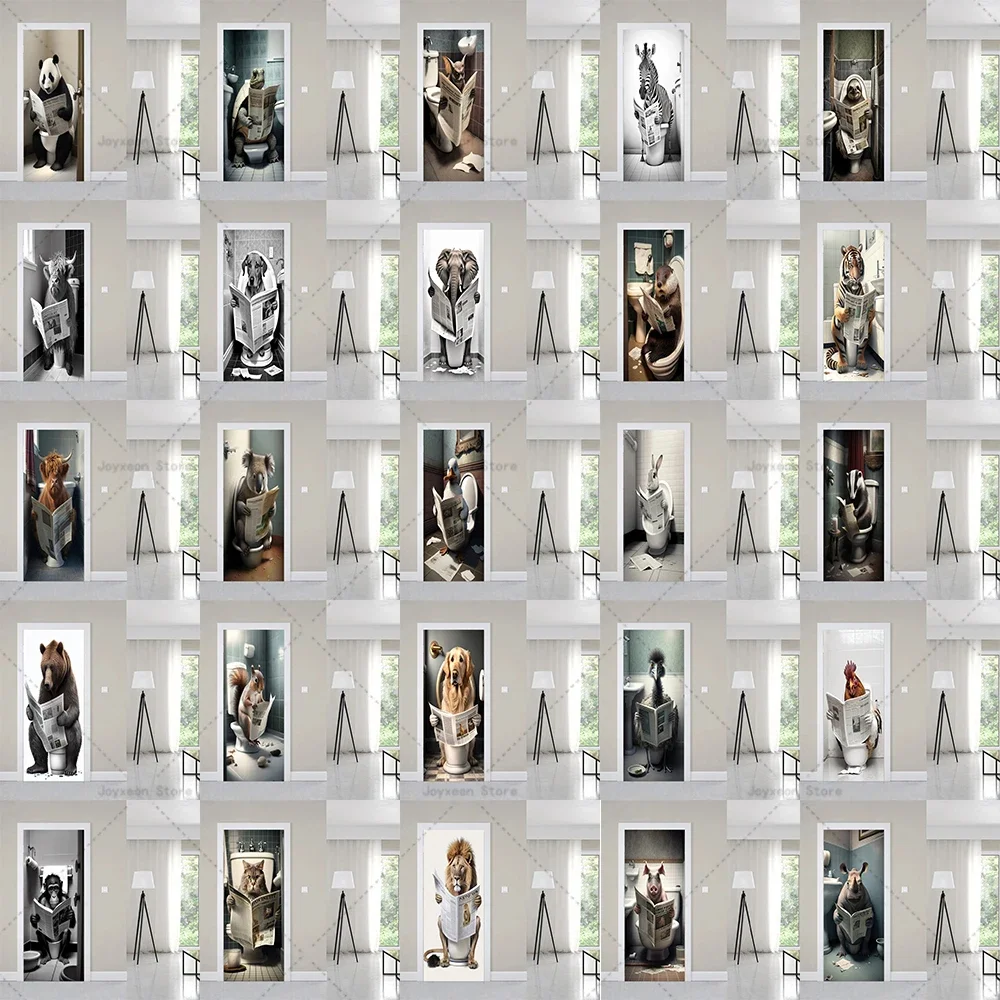 

Cartoon Animal Door Sticker Toilet Reading Newspaper Vinyl PVC Waterproof Self-Adhesive Poster Free Shipping Door Sticker