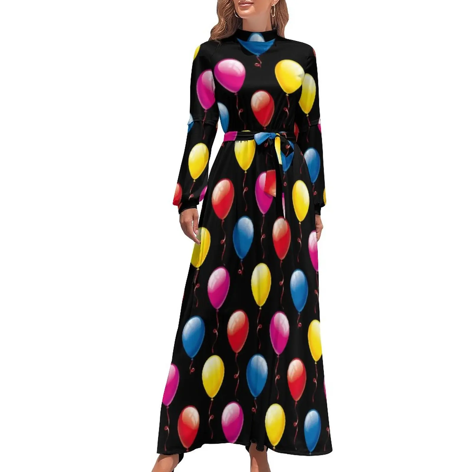 

Balloon Pattern Dress Birthday Balloons Trendy Maxi Dress Aesthetic Bohemia Long Dresses High Neck Print Clothes