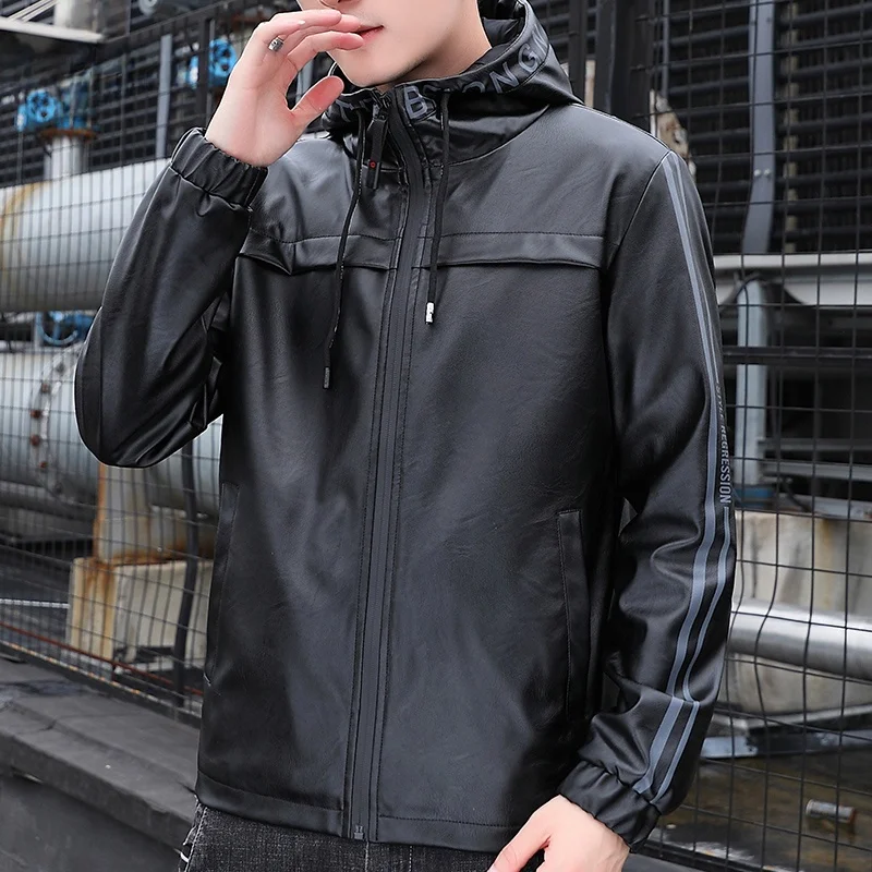Мужское кожаное пальто с капюшоном Fuguiniao облегающая весенне-осенняя верхняя