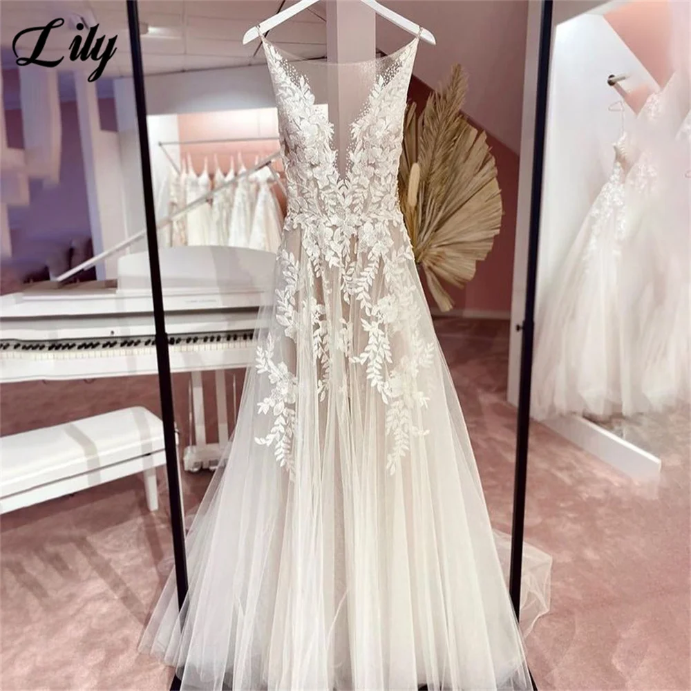 

Lily O Neck Charming Wedding Dresses Elegant Appliques Lace Wedding Gowns A Line Bridal Dresses Sexy Bridal Gown vestido novia