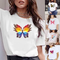 women t shirt 2022 summer girlfriends outfit round neck short sleeve tops yoga all match clothing tees butterfly print tshirts