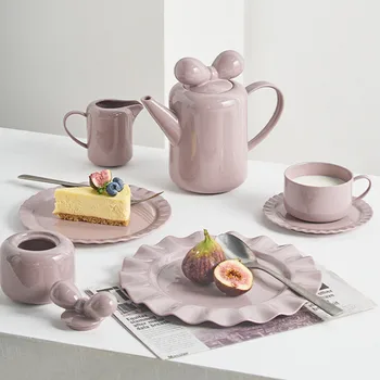 7Pcs/Set Ceramic Coffee Cup Mugs Saucer Set Tea Cup Tea Pot Dessert Plate Sugar Jar Set Afternoon Tea Sets Cute Bow-knot Kettle