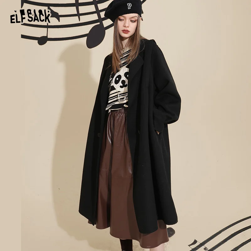 

ELFSACK Black Warm Wool Coats Women 2022 Winter Long Outwears