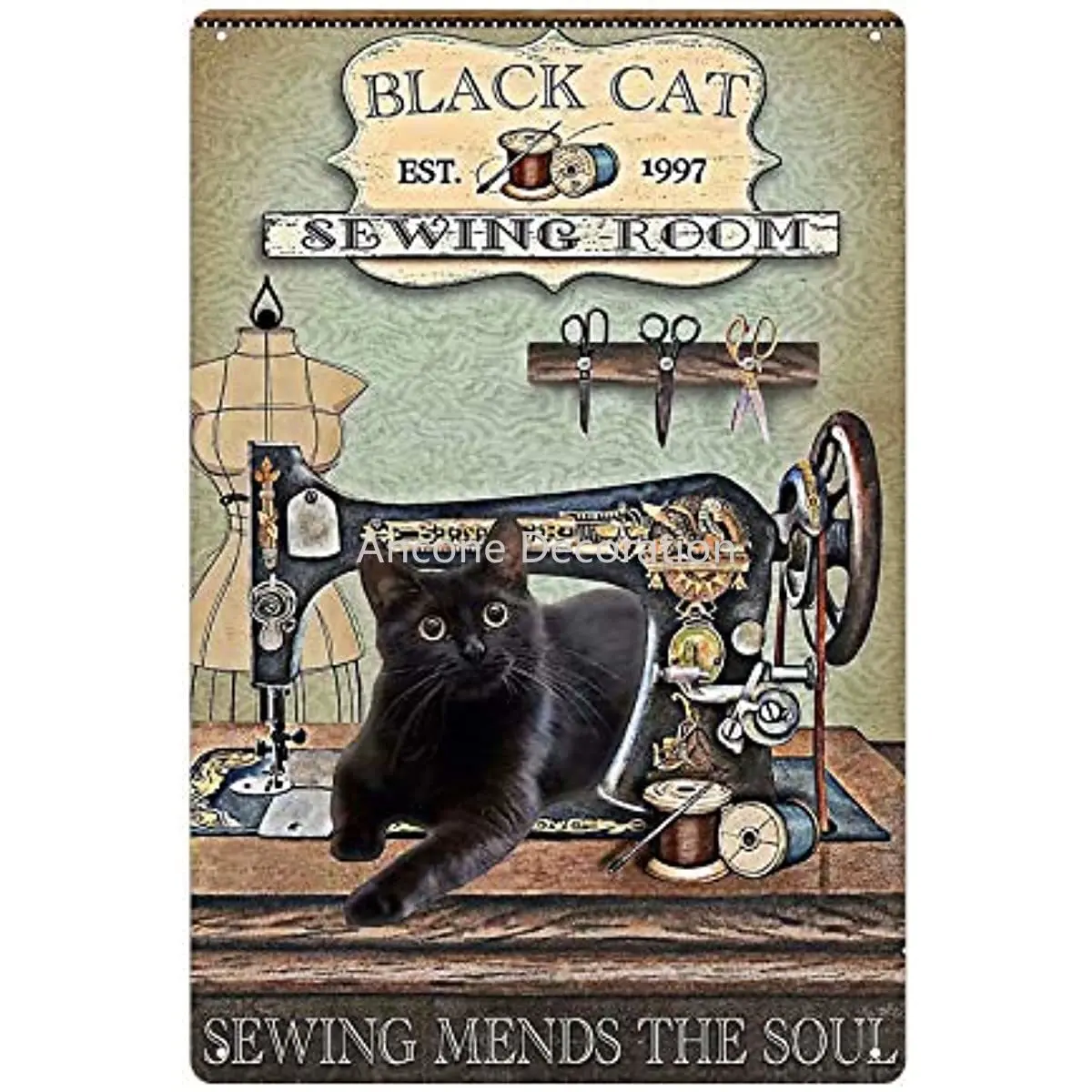 

Black Cat Vintage Metal Tin Sign,Sewing Room Retro Wall Plaque Poster Cafe Bar Pub Beer Club Wall Home Decor 8x12 inch