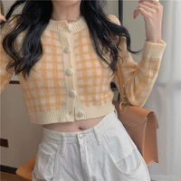 women extreme short o neck long sleeve single breasted cardigan sweet plaid knitted sweater spring autumn loose casual sweater