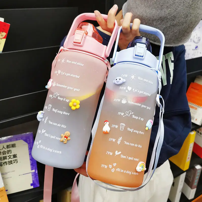 

2L Large-capacity Water Bottle With Bounce Lid Timeline Reminder Leak-proof Frosted Cup For Outdoor Sports And Fitness