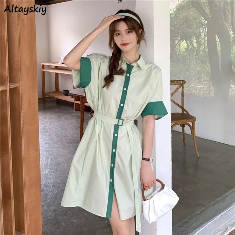 

Short Sleeve Dresses Women Sweet Fashion Korean Summer Mini Patchwork Retro Design Sashes Платье Женское Empire Casual Simple
