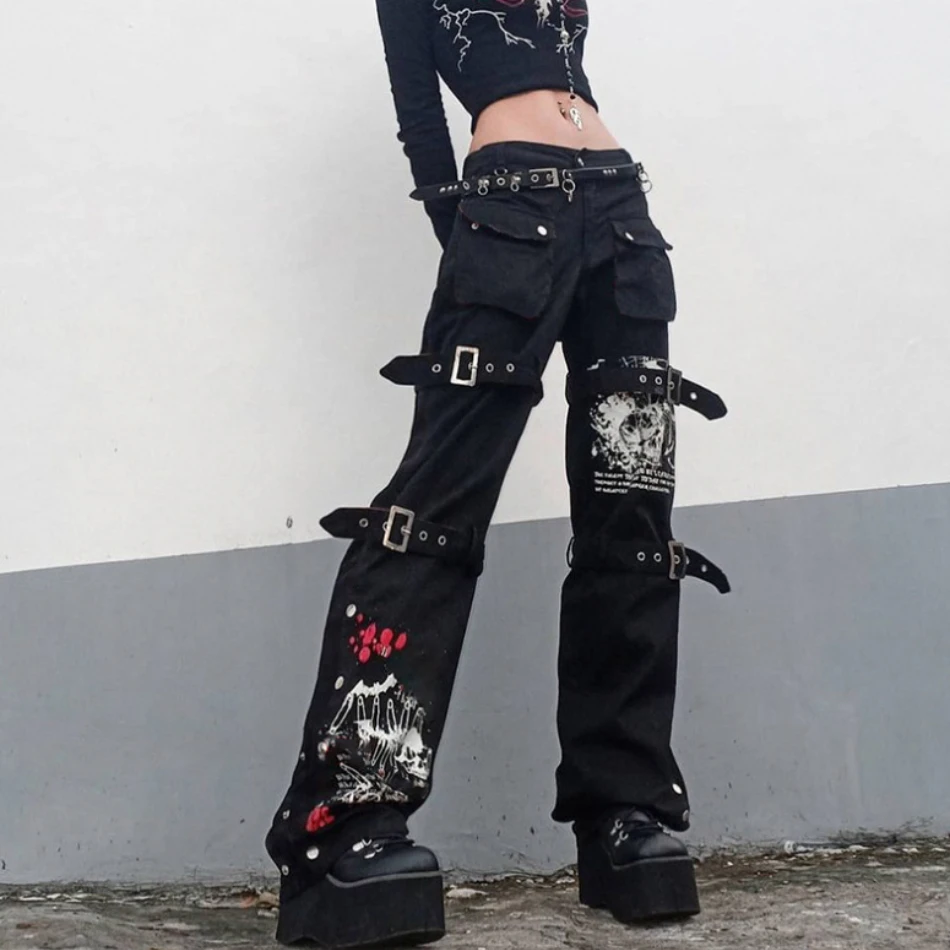 Women Straight Jeans Goth Punk High Waist Jeans Harajuku Metal Buckle Belt Hip Hop Print Cargo Pants Baggy Loose Denim Trousers