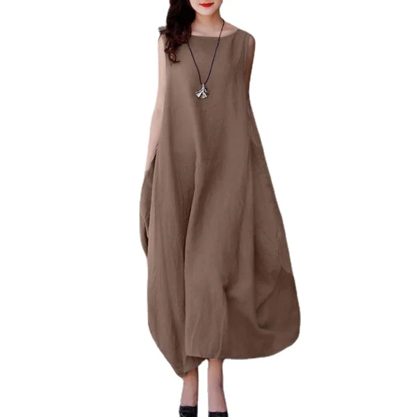 

Loose Dresses for Women Cotton Linen Casual Tank Dress Long O Neck Swing Vintage Solid Maxi Dress Women Drop Ship Summer 2022