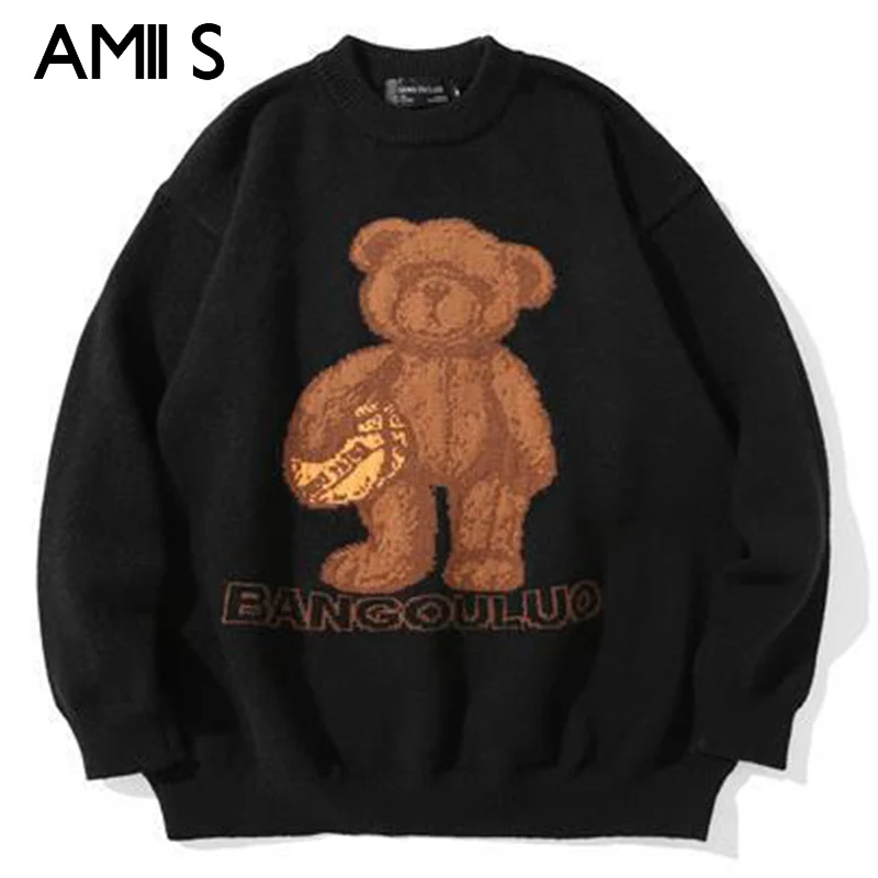 

Свитер мужской в стиле ретро, Модный пуловер свободного покроя в японском стиле с мультипликационным медведем, вязаный свитер в стиле хип-х...