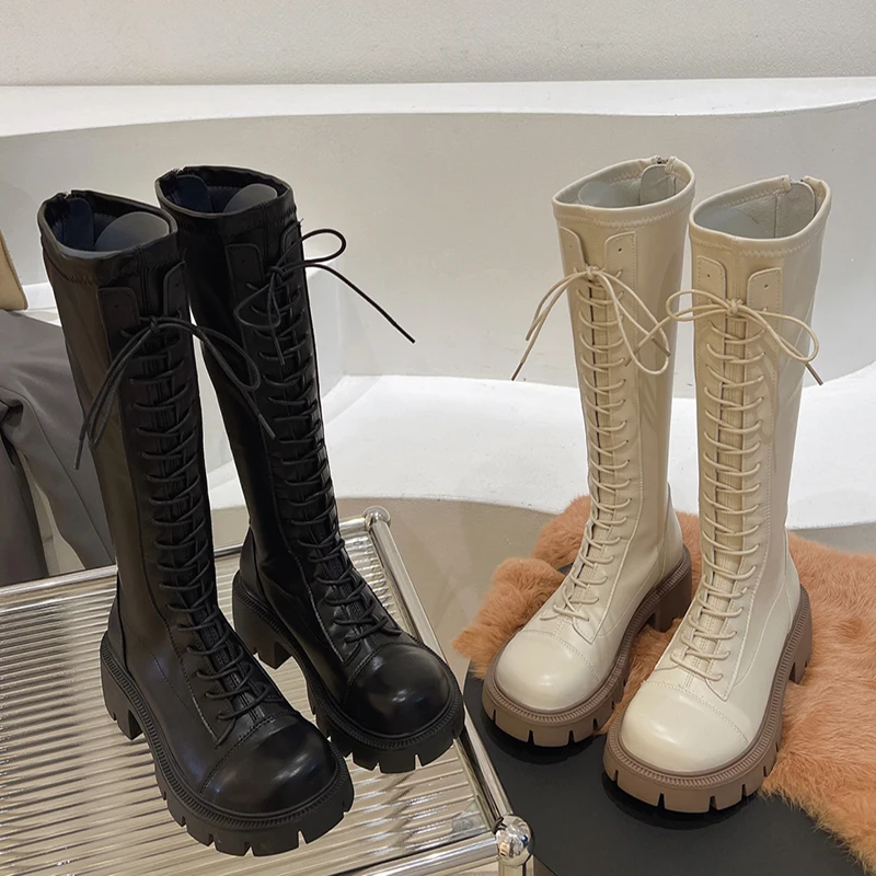 

Autumn Winter Knee High Boots For Ladies 2022 New Fashion Lace Up Women Modern Long Boots Zippers Round Toe Female Heel Shoes