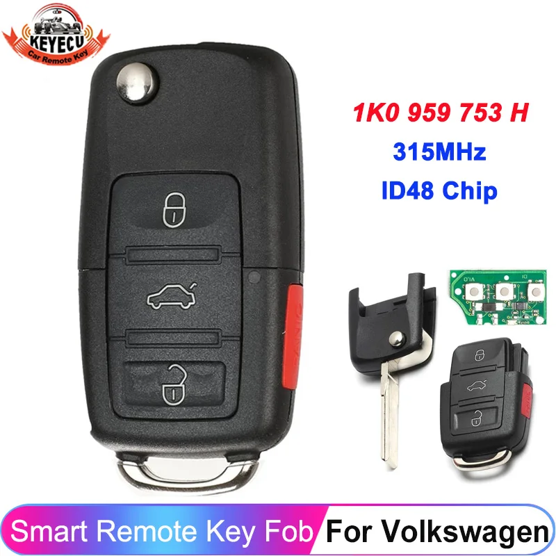 

KEYECU 3+1/4 Button Flip Remote Key 1K0 959 753 H 315MHz ID48 Chip 1K0959753H For Volkswagen VW Rabbit Jetta GTI Golf Eos CC