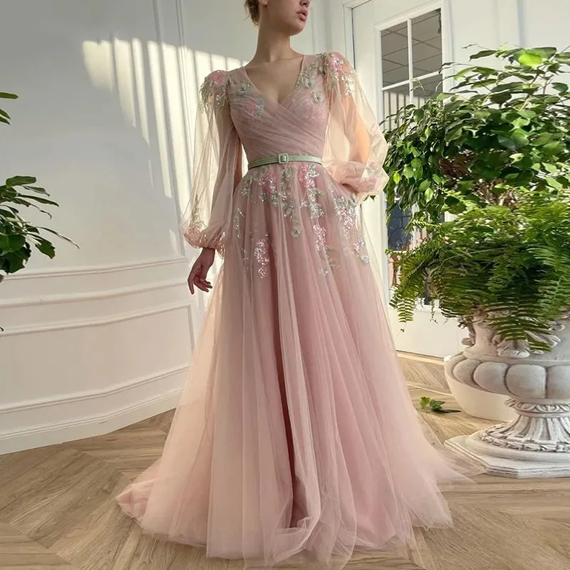

Formal A Line Evening Dresses V-Neck Tulle Long Sleeve Floor-Length Prom Party Gown Applique Dress Custom