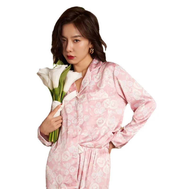 Spring New Rose Print Ladies Homewear Long-sleeved Trousers Ice Silk Plus Size Ladies Homewear