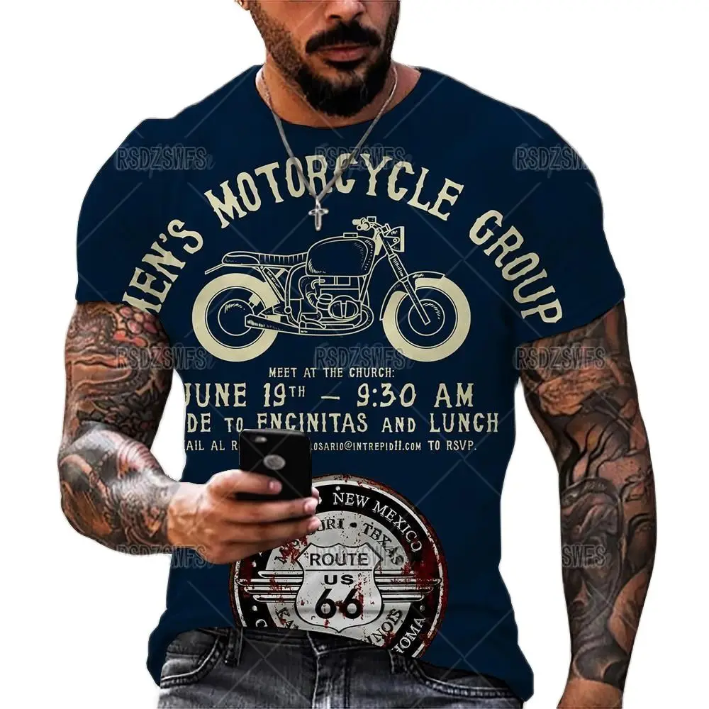 

2022Summer New Fashion Trend Route 66 Motorcycle Pattern Men3D Printed T-shirt Street Personality Wild Loose Oversized