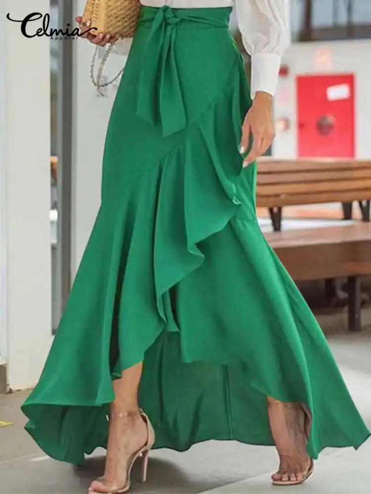 

2023 Summer Celmia Fashion Women Ruffles Skirts Asymmetrical Fishtail High Waist Skirt Casual Belted Maxi Skirt Long Skirt Femme