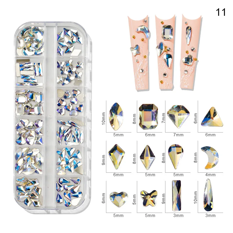 

12Gird Box Multi Größe AB/Bunte Hotfix Strass Flatback Kristall Diamant Edelsteine 3D Glitter Nail art Luxuriöse Dekorationen