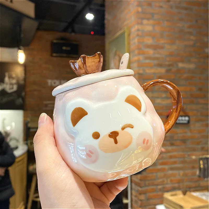 

Ins Korean Cute Cartoon Breakfast Creative Water Cup Ceramic Cup For Girl Students Mug With Lid And Spoon
