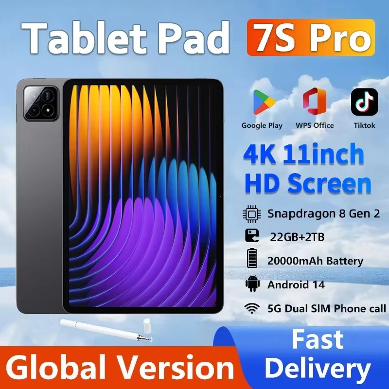 Фото Глобальная версия 2025 года, оригинальный планшет Pad 7S Pro, 4K, 11 дюймов, Android 14 Snapdragon 8gen2, 20000 мАч, 22 ГБ + 2 ТБ, 5G, планшет с двумя SIM-картами и Wi-Fi №1