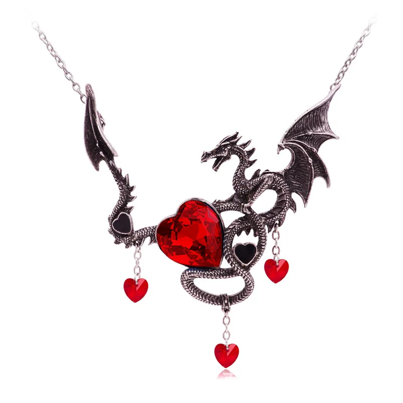 

Gothic Heart-Shaped Men's Pendant Necklace Zircon Inlaid Fashion Jewelry Dragon Personality Punk Hip Hop Domineering Necklace