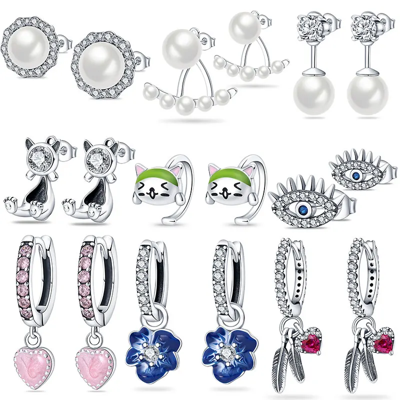 

2022 New Sterling Silver 925 cat petal heart shape symmetry Stud Earrings For Women Making Jewelry Gift Wedding Party Engagement