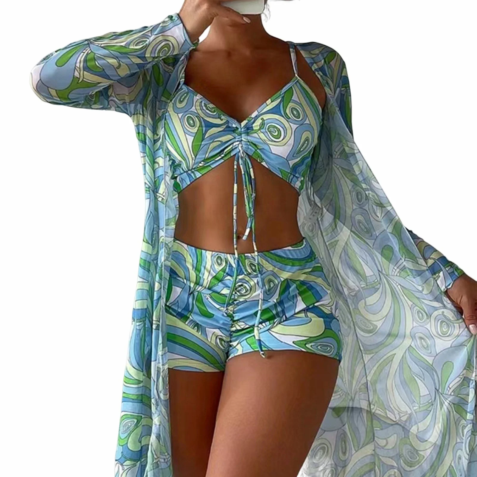

3pcs High Waist Swimsuit Low Cut V-Neck Bra Shorts Swimwear for Beach Swimming Training Suntan FOU99