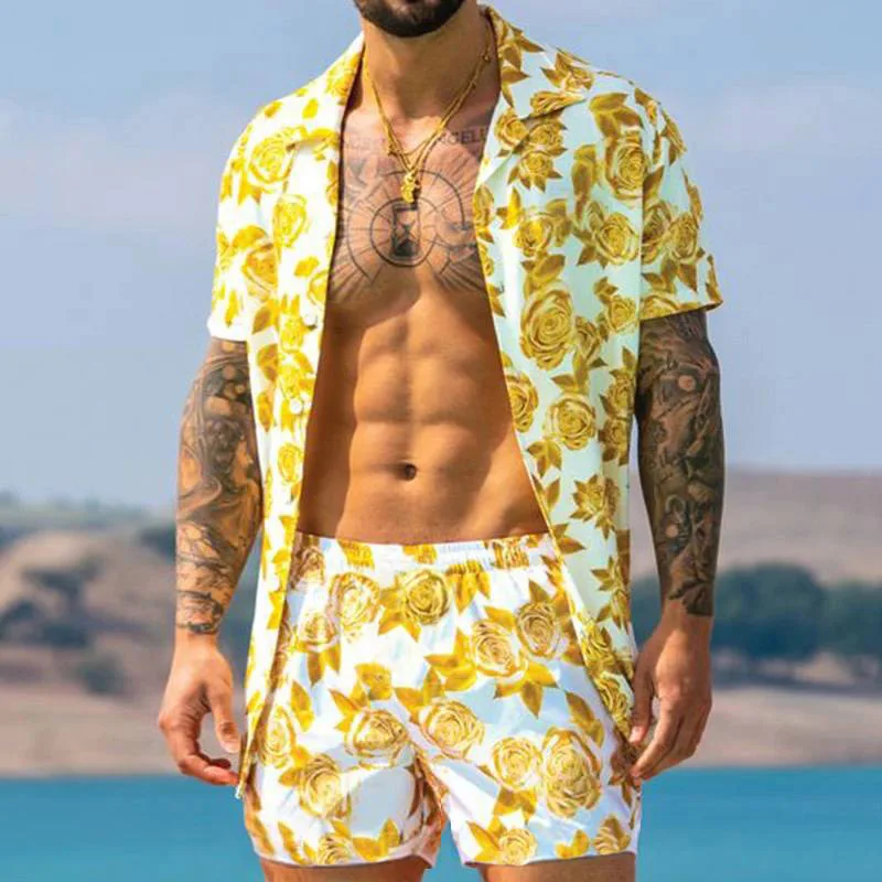 

2022 NEW Summer Men Hawaiian Sets Print Short Sleeve Button Shirt Beach Shorts Two Sets Mens Casual Vacation