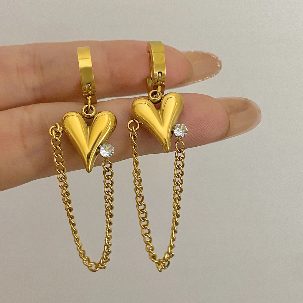 

Delicate Heart Tassel Rhinestones Earrings Long Chain Earrings for Women Gold Color Stainless Steel Dangle Earring Jewelry Gifts